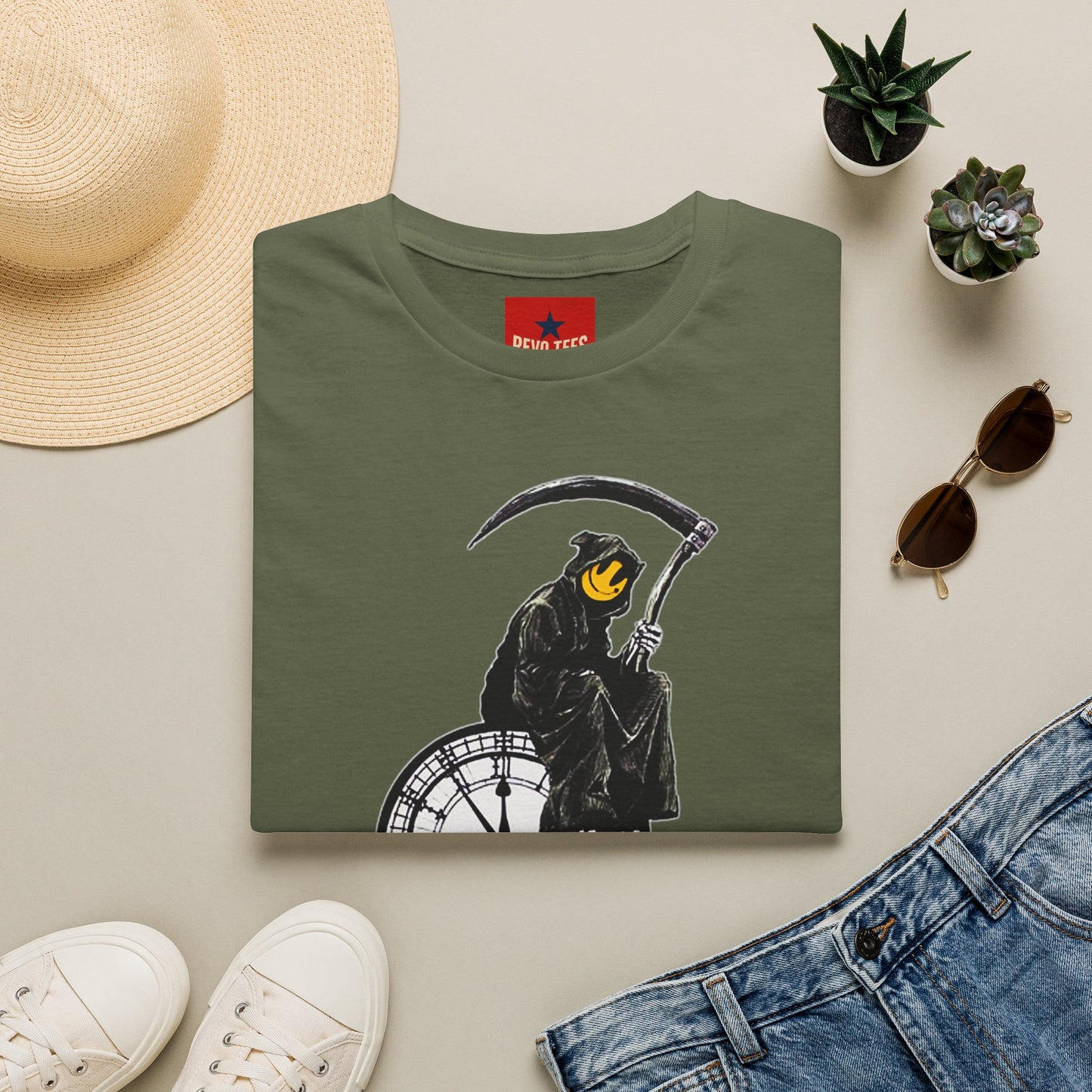 Banksy T‑Shirt — Grim Reaper Clock Graphic Tee (Smiley Mask)