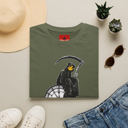 Banksy T‑Shirt — Grim Reaper Clock Graphic Tee (Smiley Mask)