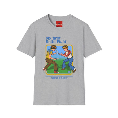 My First Knife Fight T-Shirt — Retro Dark Humor Graphic Tee
