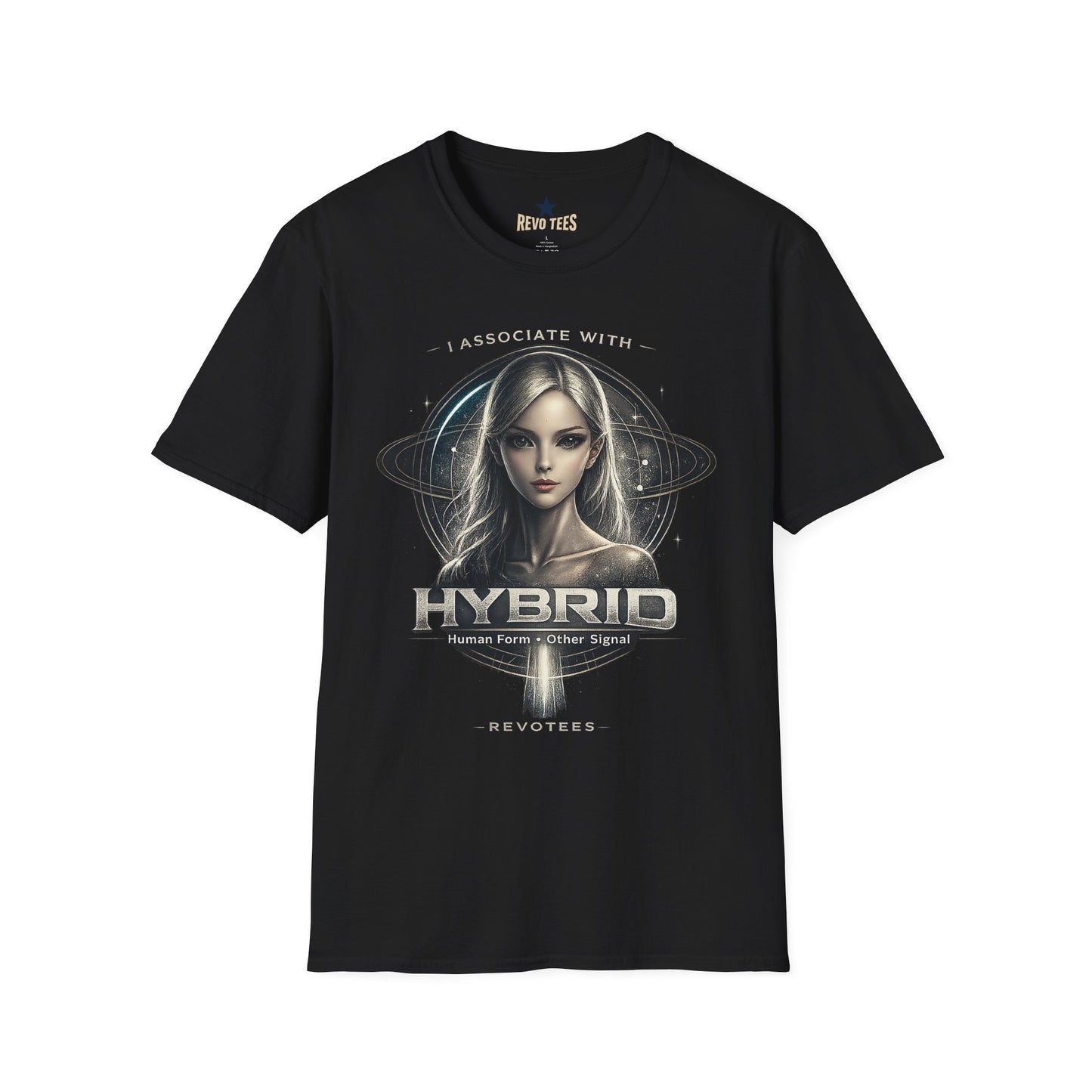 REVOTEES Hybrid Alien Graphic Tee — "I Associate With" Sci‑Fi Cosmic Portrait Shirt