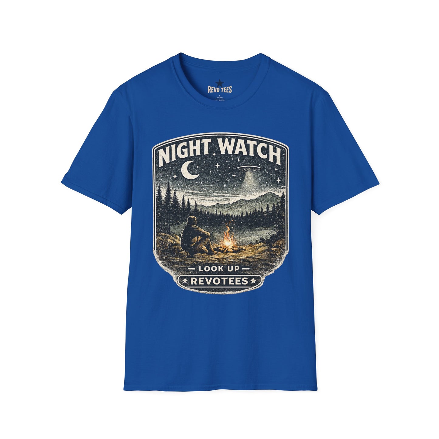 REVOTEES Night Watch T-Shirt — Vintage UFO Camping Graphic Tee ("Look Up")