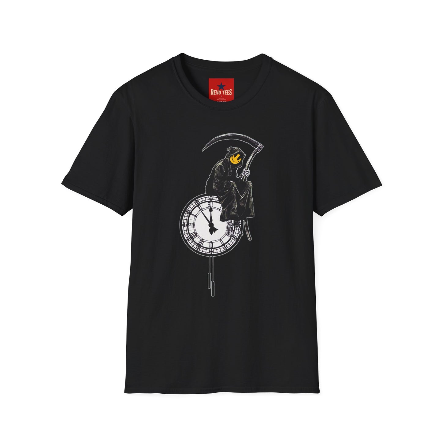 Banksy T‑Shirt — Grim Reaper Clock Graphic Tee (Smiley Mask)
