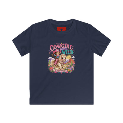 Kids Tee — "Cowgirl at Heart" Colorful Western Graphic (Cowgirl & Wild Print)