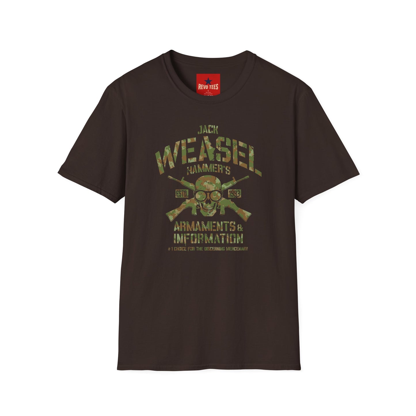 Weasel Hammer Skull Camo T-Shirt — Jack Weasel Armaments & Information Graphic Tee