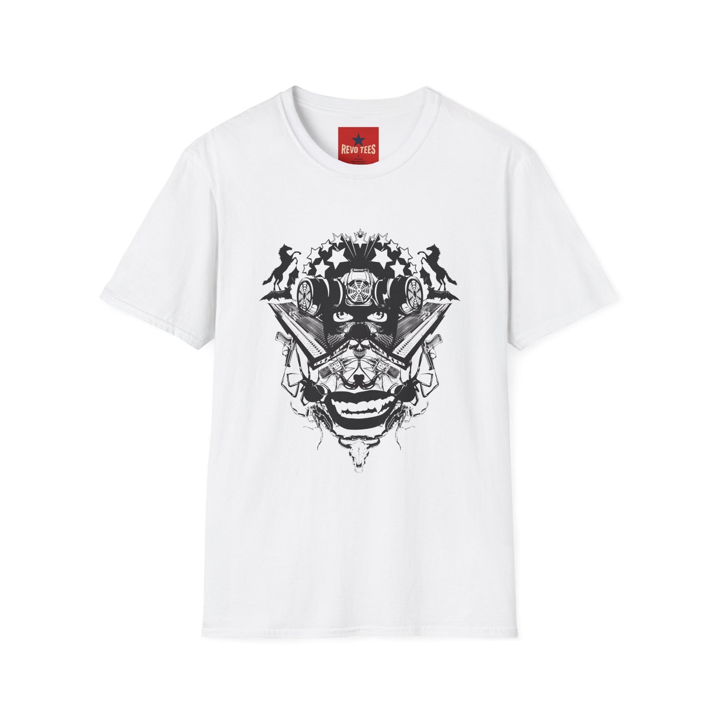 Skull Crown Graphic T-Shirt — Gothic Cat & Mask Illustration