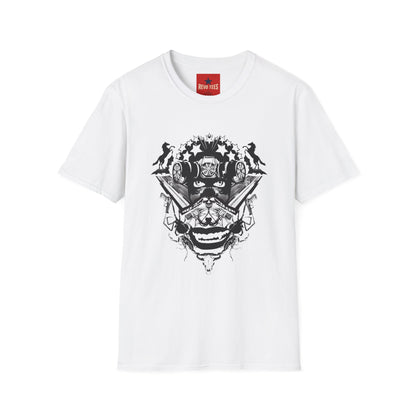 Skull Crown Graphic T-Shirt — Gothic Cat & Mask Illustration