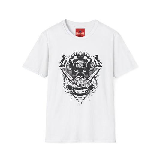 Skull Crown Graphic T-Shirt — Gothic Cat & Mask Illustration