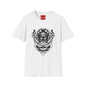 Skull Crown Graphic T-Shirt — Gothic Cat & Mask Illustration