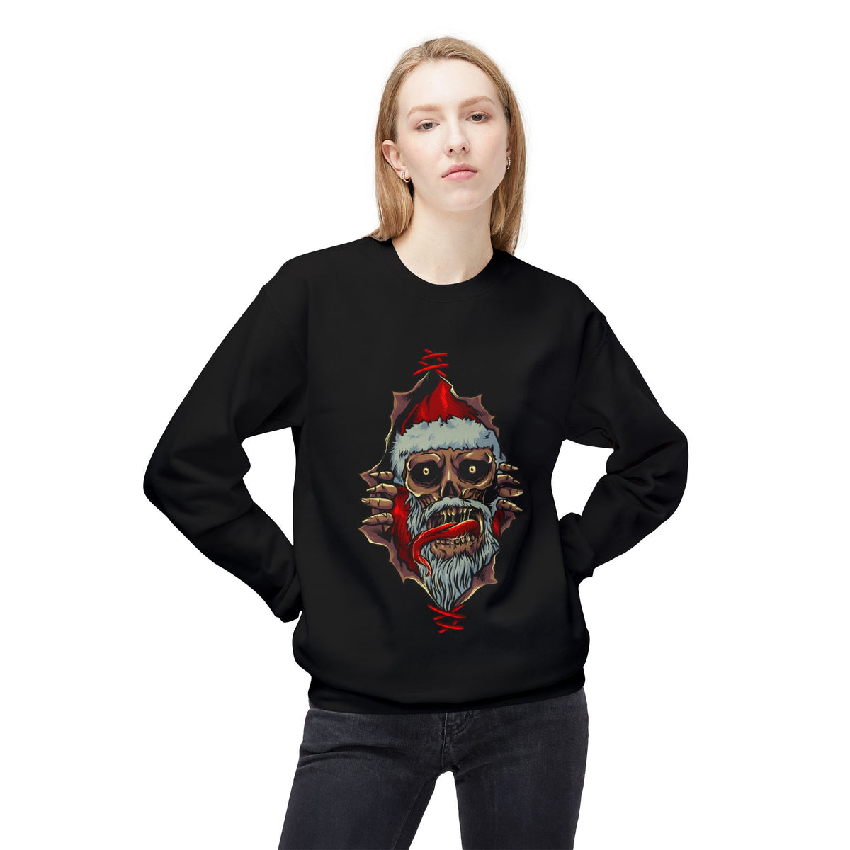 Skull Santa Crewneck Sweatshirt — Horror Christmas Graphic