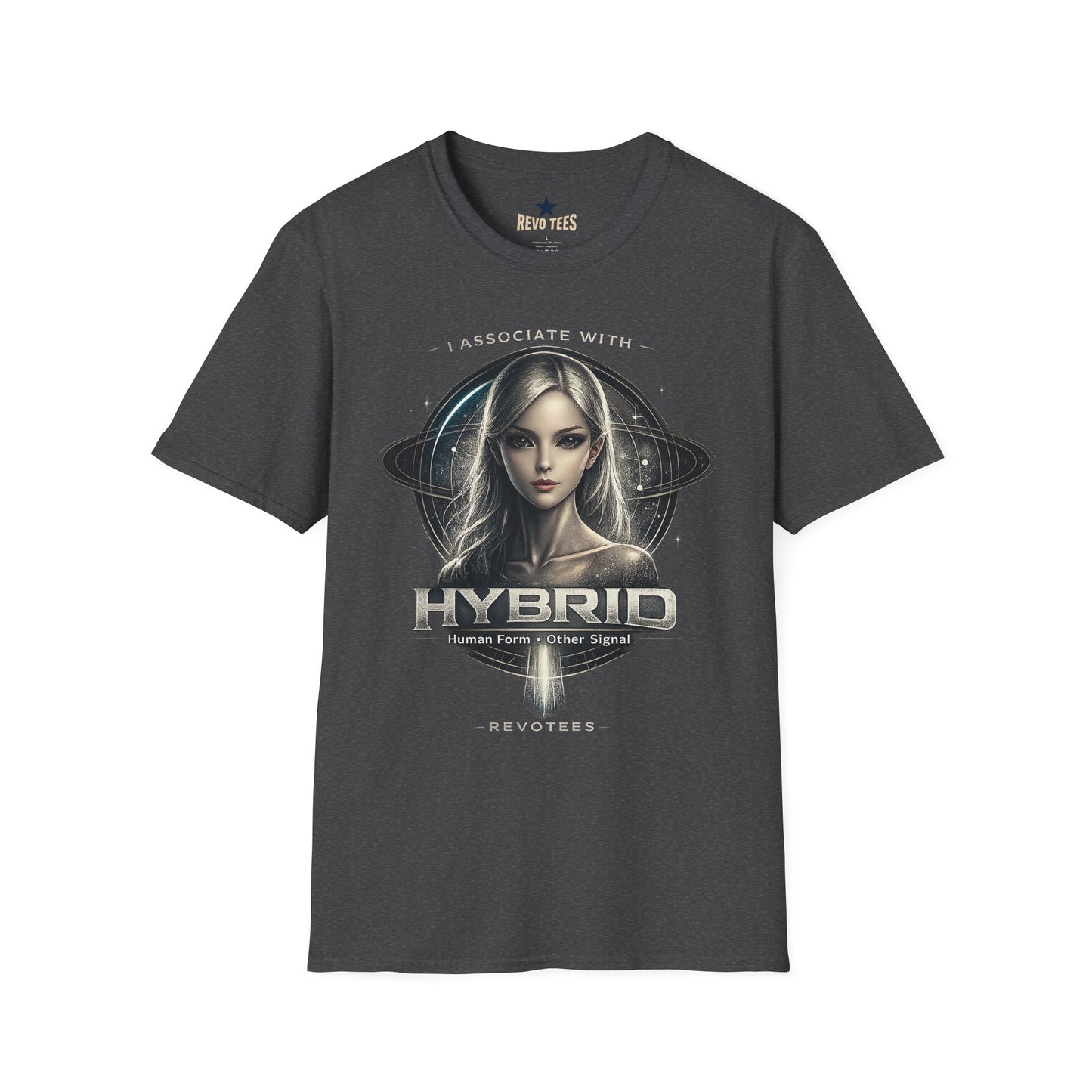REVOTEES Hybrid Alien Graphic Tee — "I Associate With" Sci‑Fi Cosmic Portrait Shirt