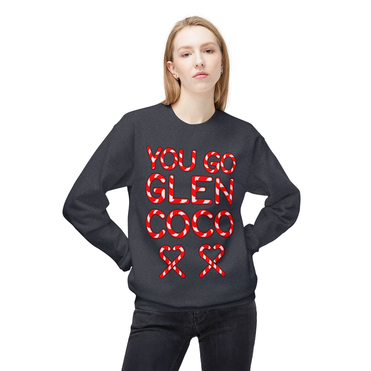"You Go Glen Coco" Candy Cane Holiday Graphic Crewneck Sweatshirt