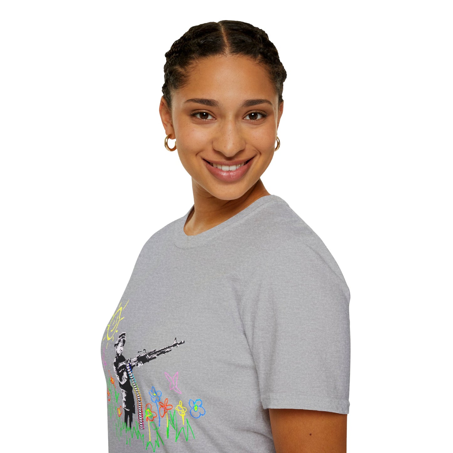 T-Shirt — Banksy Style Soldier with Childlike Doodle Flowers