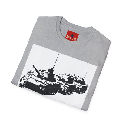 Banksy Tank Lineup Graphic T-Shirt — Stencil Military Tanks Design