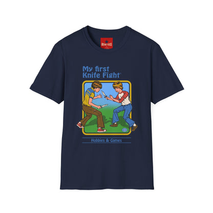 My First Knife Fight T-Shirt — Retro Dark Humor Graphic Tee