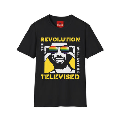 Revolution Is Televised T-Shirt — Retro Rainbow Sunglasses Protest Tee