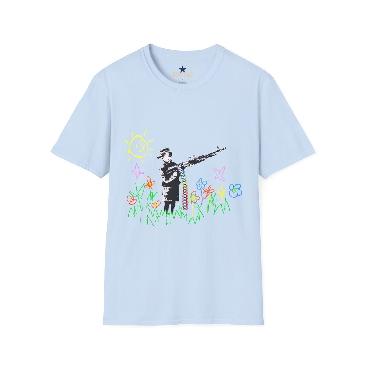 Revotees Banksy Style Soldier with Childlike Doodle Flowers T-Shirt - alternate view 7
