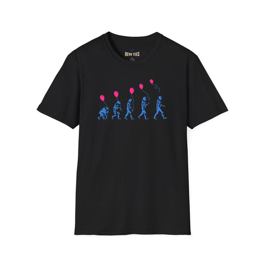 Revotees Evolution of Man Holding Balloon Funny Retro Evolution Graphic T-Shirt - alternate view 2