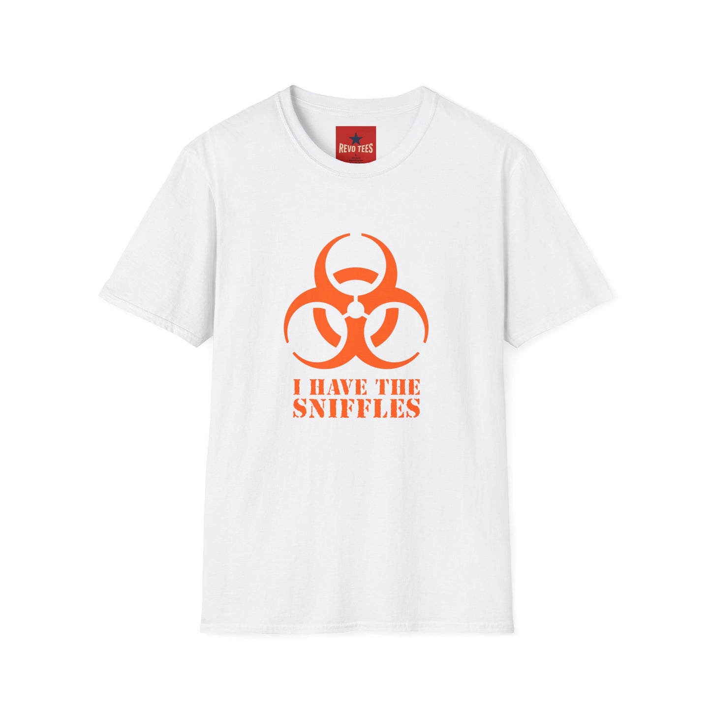 Graphic T-Shirt — Orange Biohazard Icon with “I HAVE THE SNIFFLES”
