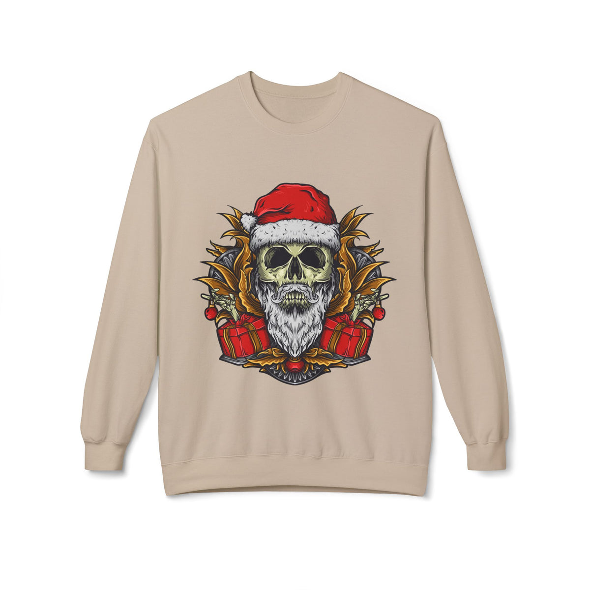 Skull Santa — Edgy Christmas Skull with Santa Hat and Gifts Crewneck Sweatshirt