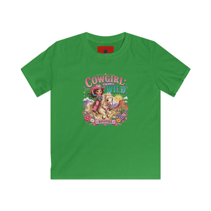 Kids Tee — "Cowgirl at Heart" Colorful Western Graphic (Cowgirl & Wild Print)