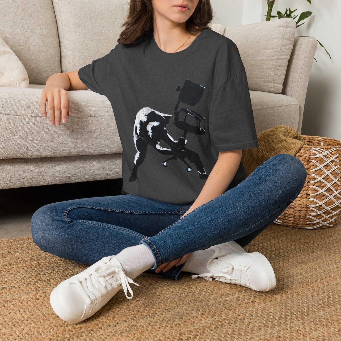 Banksy T-Shirt — Black Cat Tossing Office Chair Graphic Tee