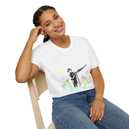 T-Shirt — Banksy Style Soldier with Childlike Doodle Flowers