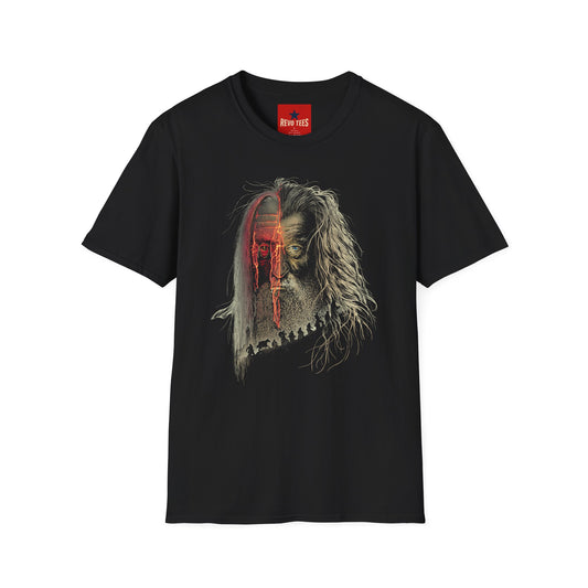 Horror Split-Face Skull T-Shirt — Creepy Half-Mask Skeleton Graphic Tee