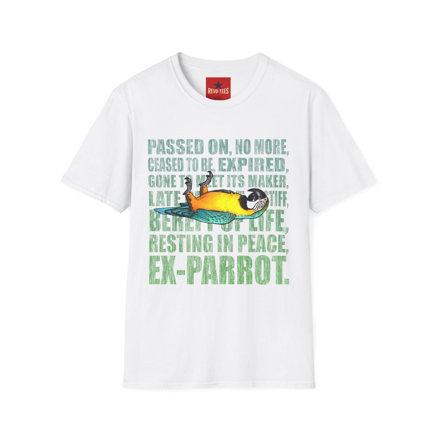 Ex-Parrot T-Shirt — Funny Parrot Memorial Tee (Passed On, Resting in Peace)
