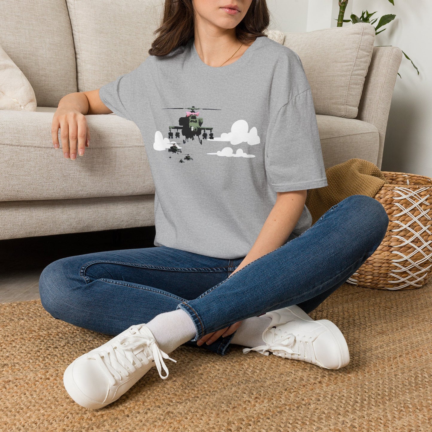Banksy Helicopter Pilot Graphic T-Shirt — Vintage Chopper Clouds Design