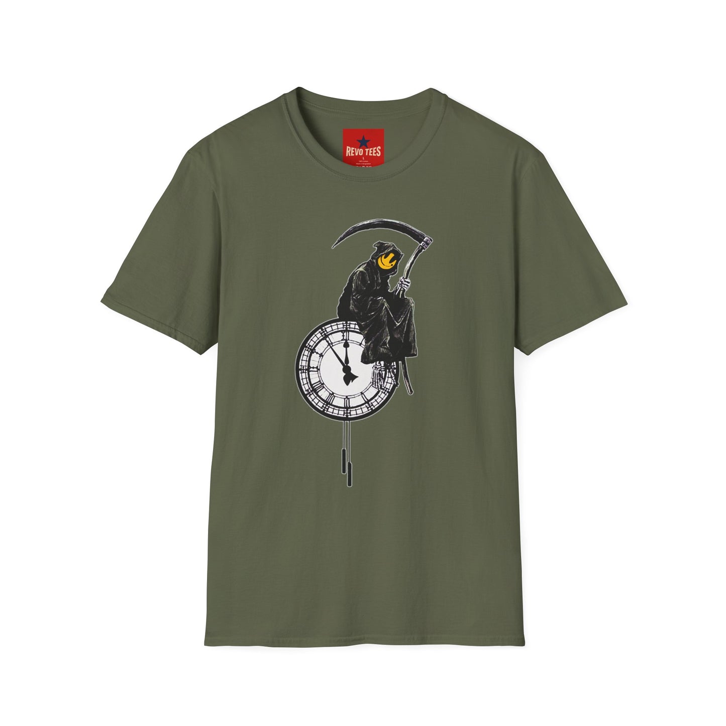 Banksy T‑Shirt — Grim Reaper Clock Graphic Tee (Smiley Mask)