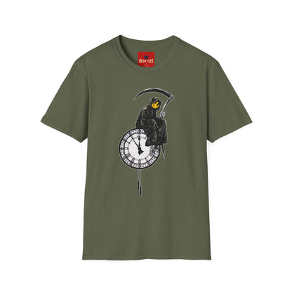Banksy T‑Shirt — Grim Reaper Clock Graphic Tee (Smiley Mask)