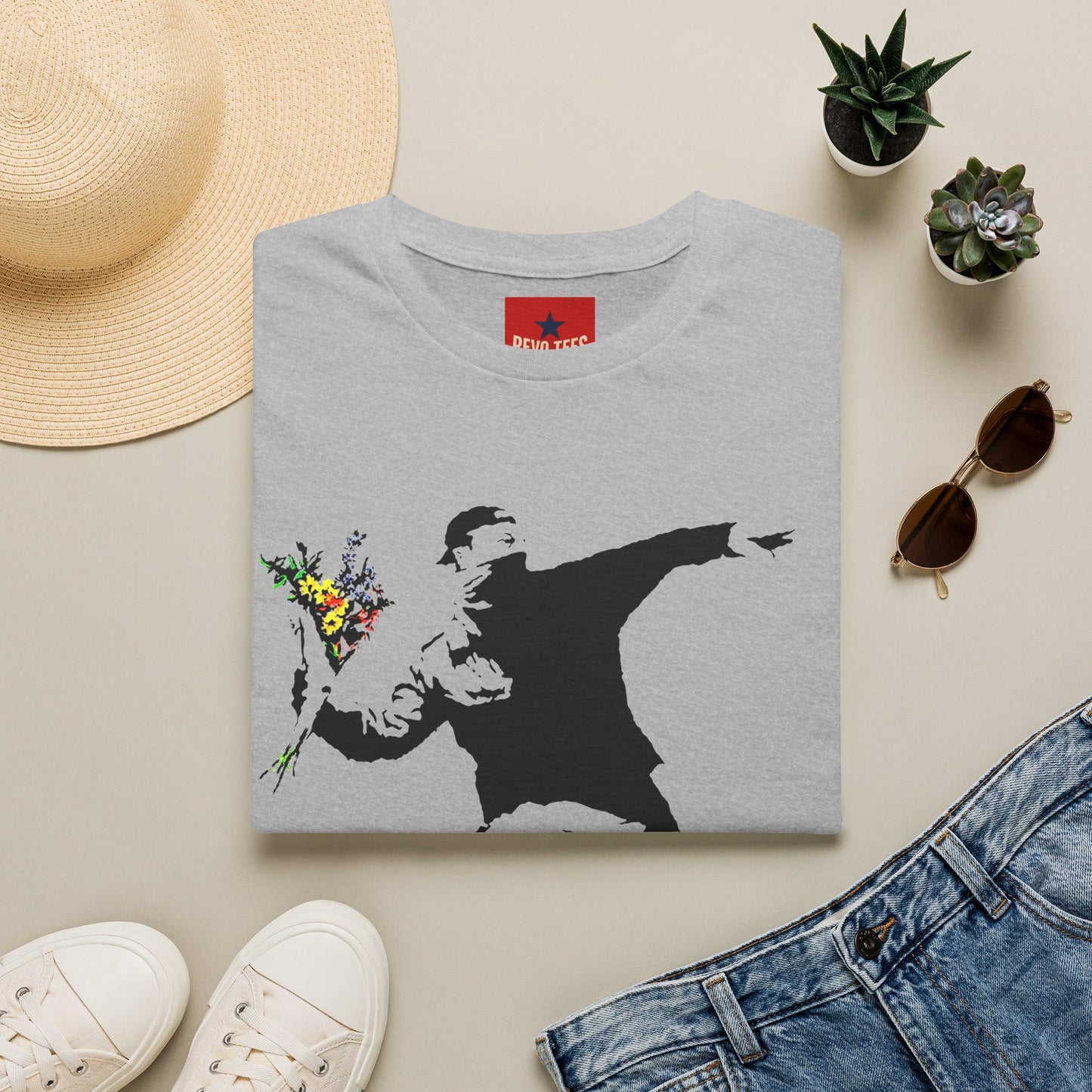 Banksy-Style Flower Bomber T-Shirt — Street Art Protest Graphic Tee