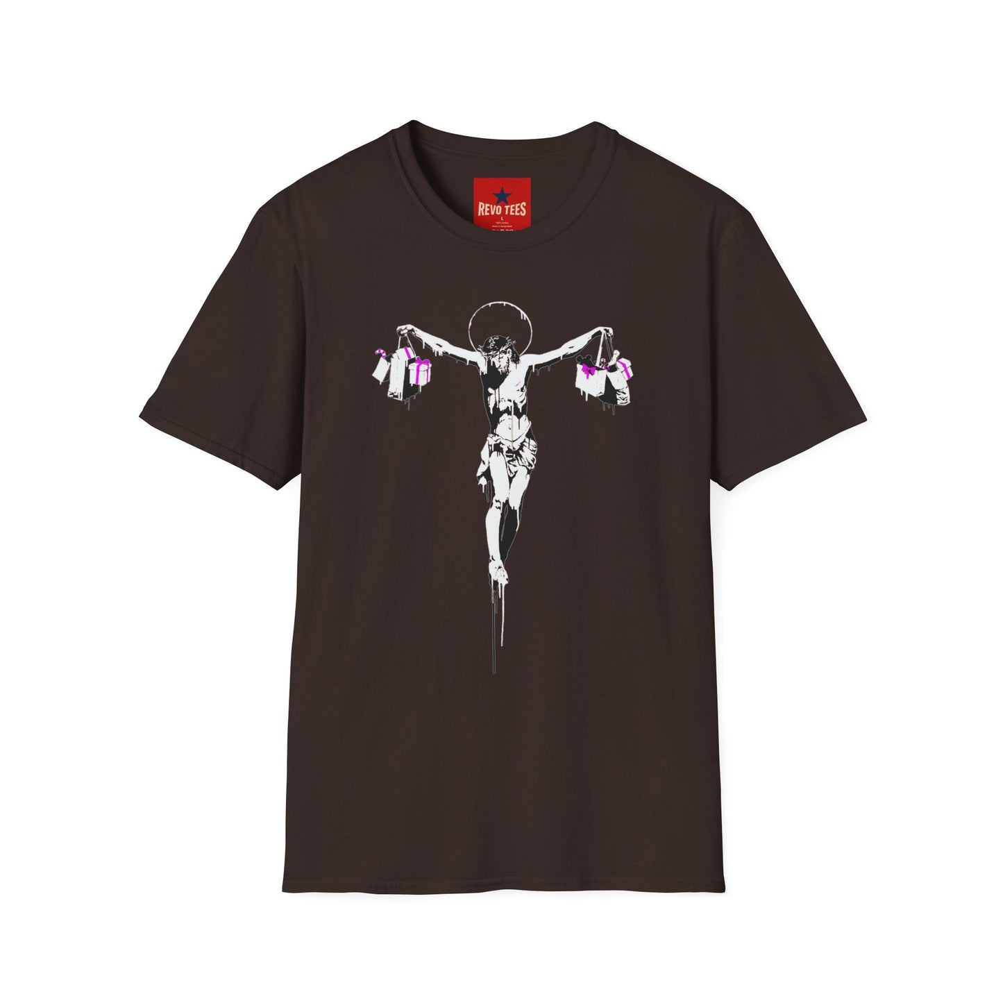 Banksy Crucifixion Balance Tee — Stenciled Jesus Holding Gift Bags Graphic T-Shirt