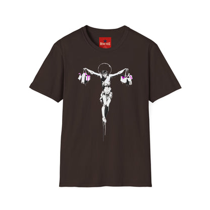 Banksy Crucifixion Balance Tee — Stenciled Jesus Holding Gift Bags Graphic T-Shirt