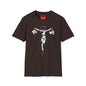 Banksy Crucifixion Balance Tee — Stenciled Jesus Holding Gift Bags Graphic T-Shirt