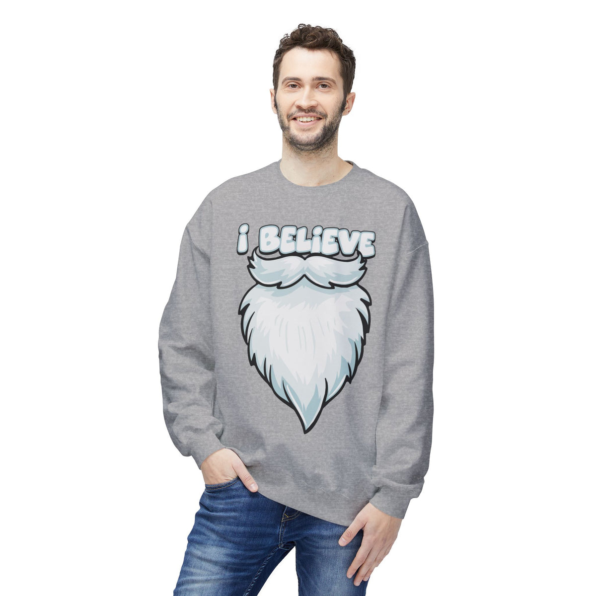 "I Believe" Santa Beard Holiday Crewneck Sweatshirt