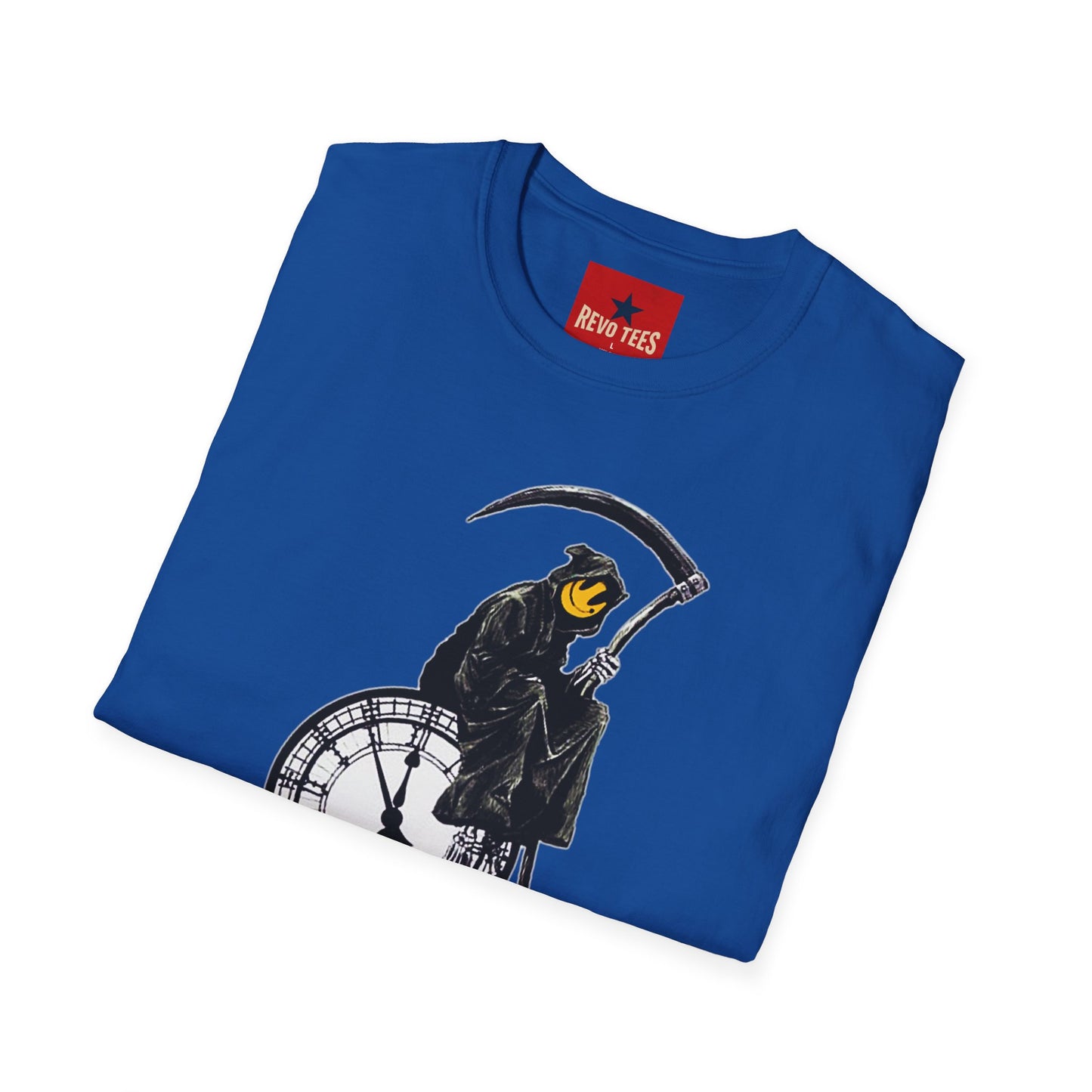 Banksy T‑Shirt — Grim Reaper Clock Graphic Tee (Smiley Mask)