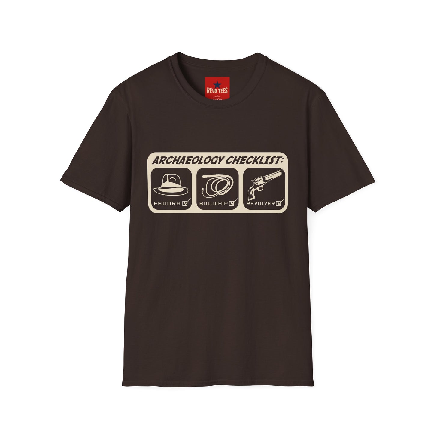 Archaeology Checklist T-Shirt — Fedora, Bullwhip & Revolver Graphic Tee