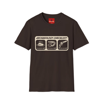 Archaeology Checklist T-Shirt — Fedora, Bullwhip & Revolver Graphic Tee