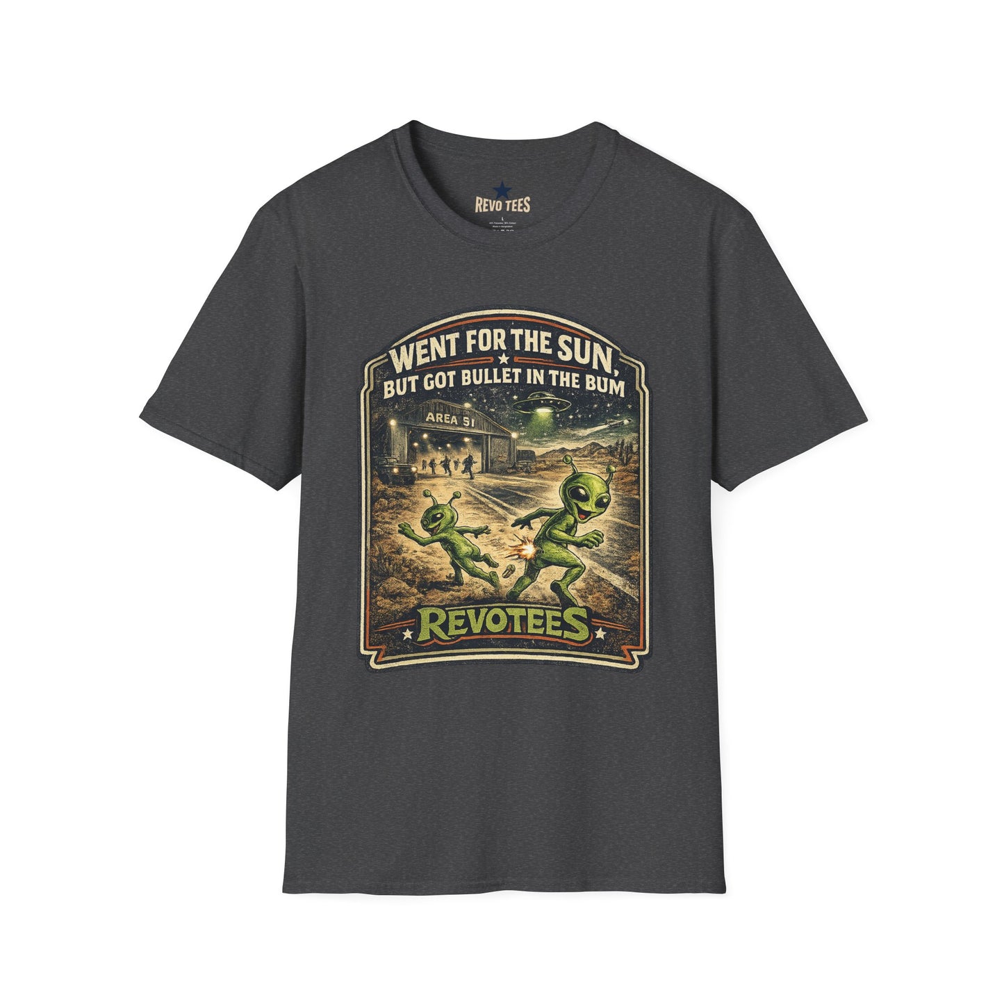 REVOTEES Alien Roadtrip Graphic Tee — "Went For The Sun But Got Bullet In The Bum"