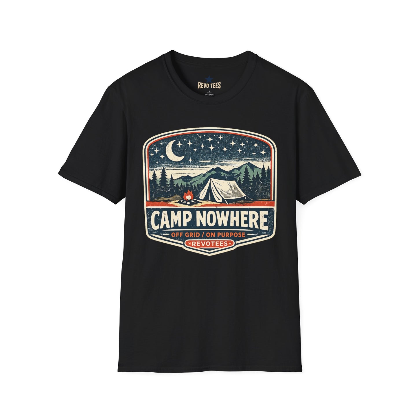 REVOTEES Camp Nowhere Vintage Camping T-Shirt — Starry Night Tent Graphic Tee