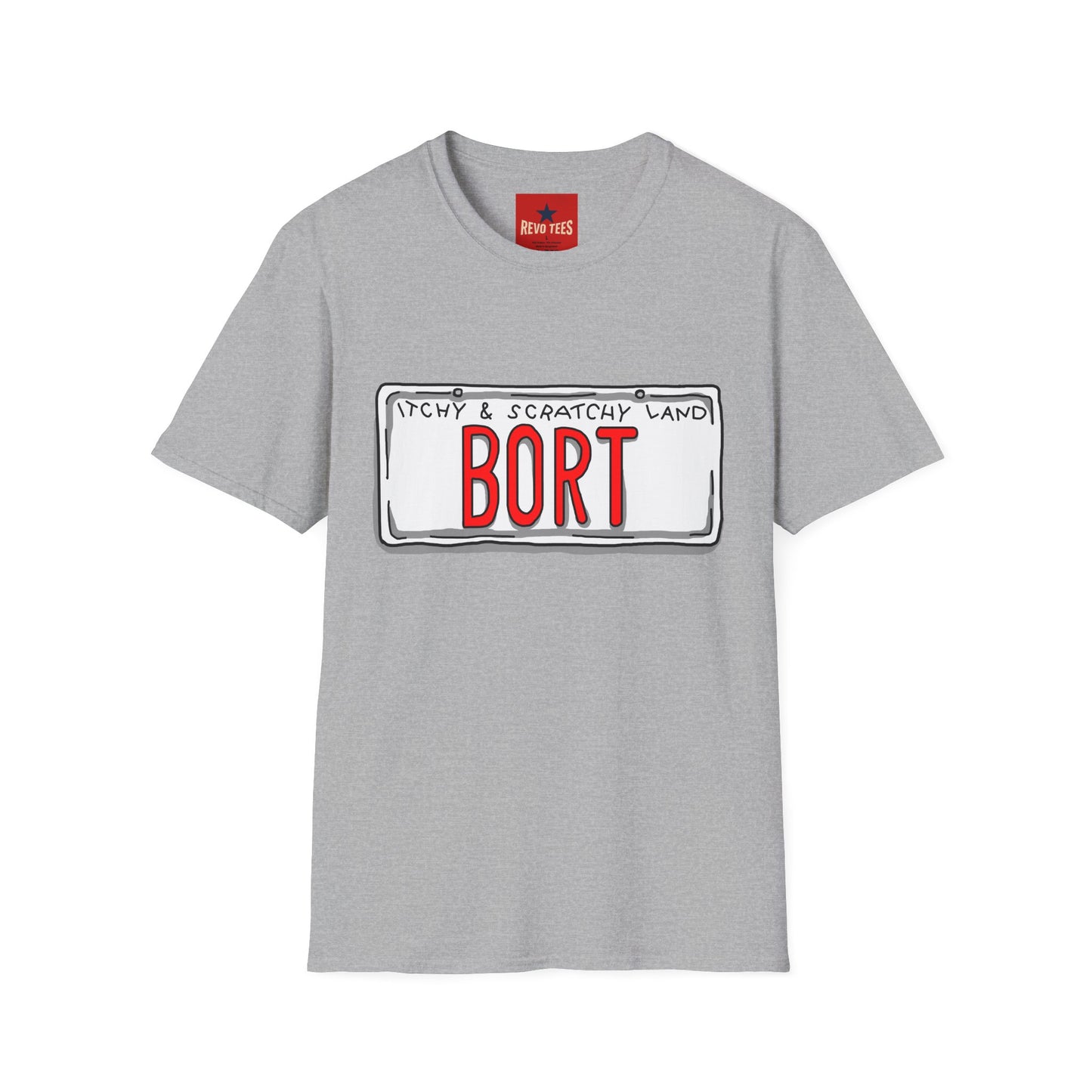 BORT License Plate T‑Shirt — 'Itchy & Scratchy Land' Retro TV Fan Tee