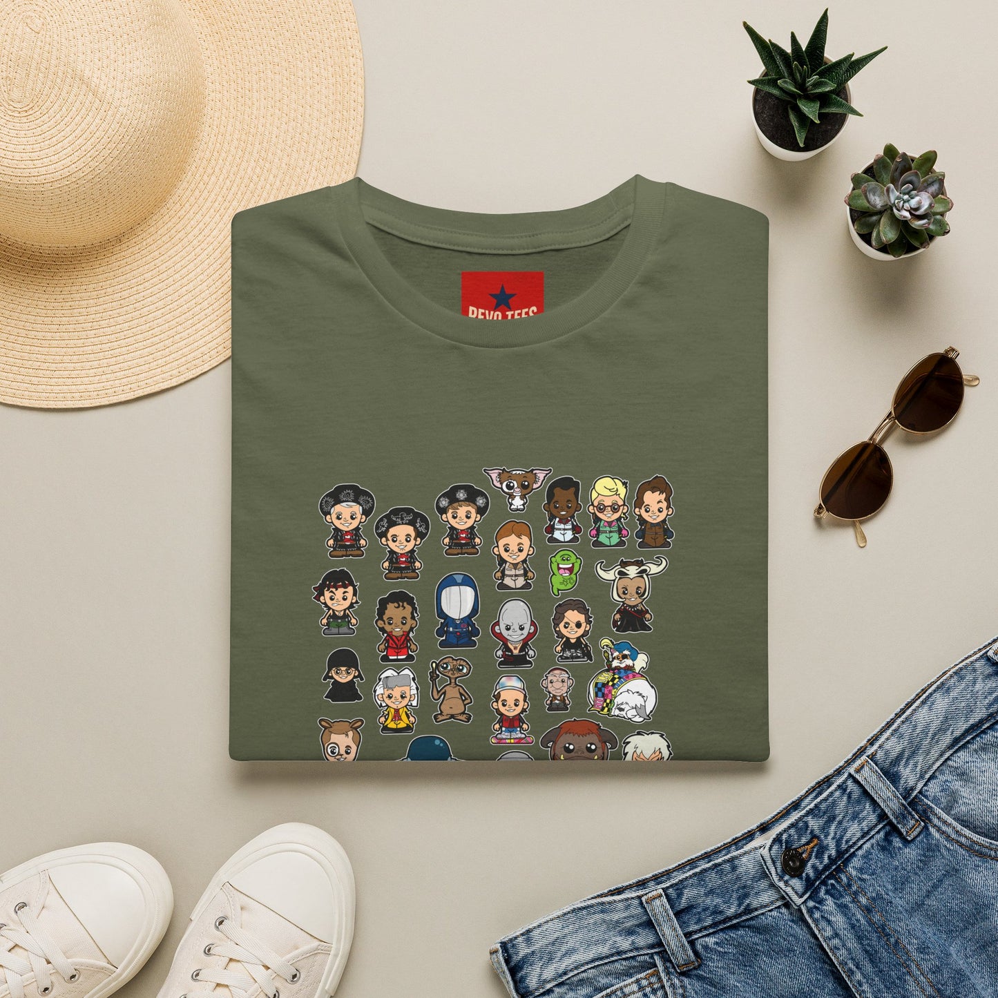 Cute Chibi Characters Crewneck T‑Shirt — Cartoon Character Grid Tee