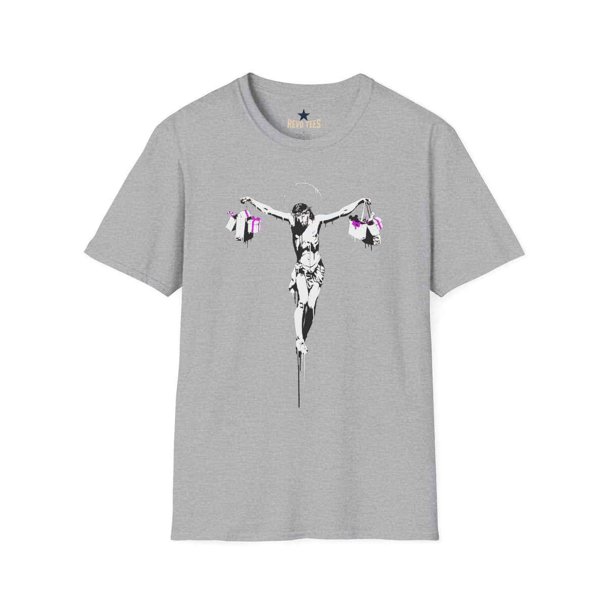 Revotees Banksy Crucifixion Balance Stenciled Jesus Holding Gift Bags Graphic T-Shirt - alternate view 3
