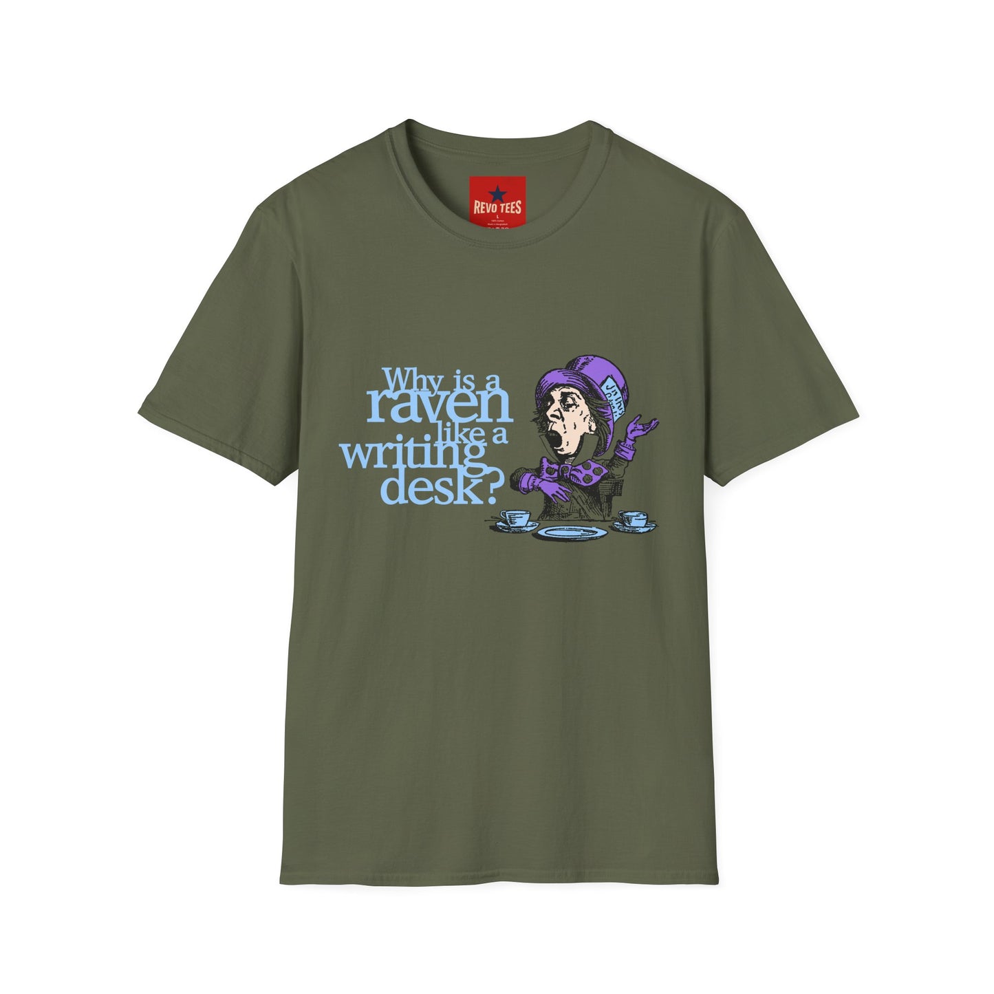 Why Is a Raven Like a Writing Desk? T-Shirt — Alice in Wonderland Mad Hatter Illustration