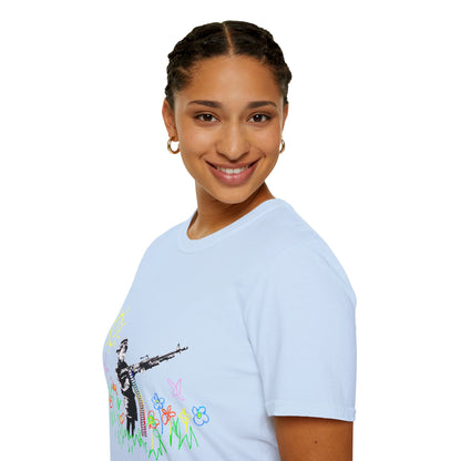 T-Shirt — Banksy Style Soldier with Childlike Doodle Flowers