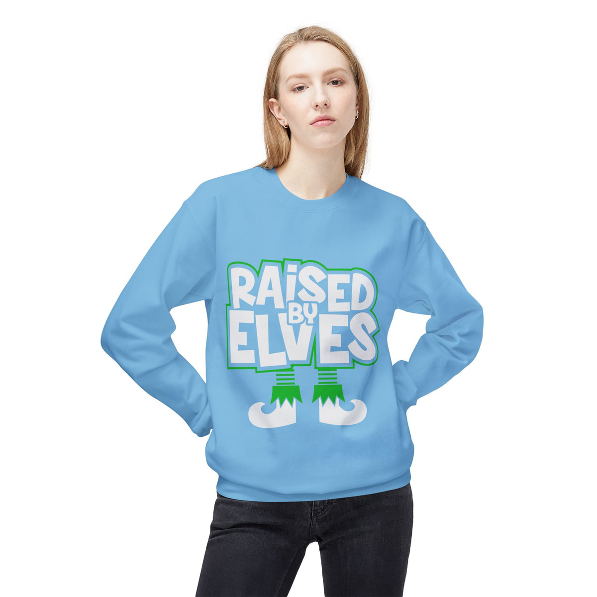 Raised by Elves Sweatshirt – Christmas Funny Holiday Crewneck