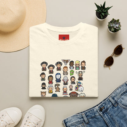 Cute Chibi Characters Crewneck T‑Shirt — Cartoon Character Grid Tee