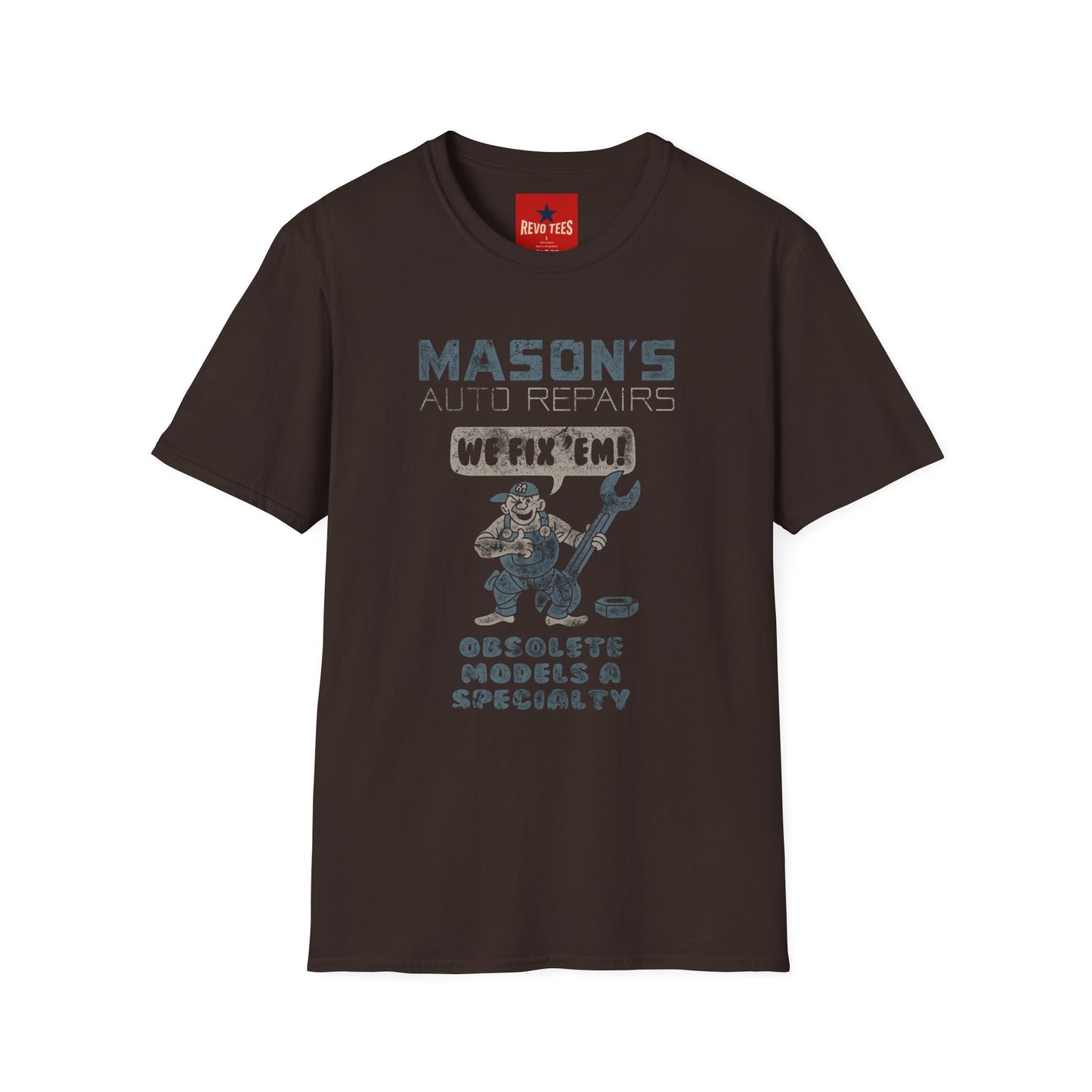 Mechanic Shop T‑Shirt — "Mason's Auto Repairs: We Fix 'Em" Vintage Garage Tee