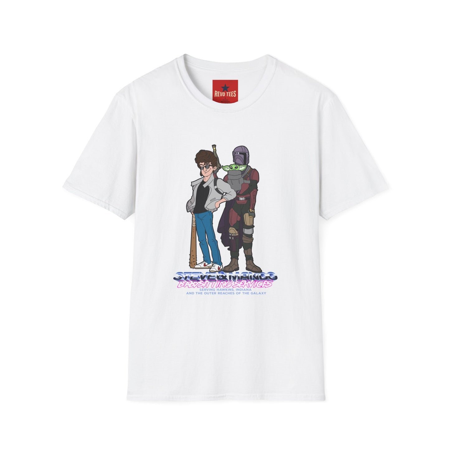 Retro Space Duo T‑Shirt — Cartoon Bounty Hunter & Kid Graphic Tee